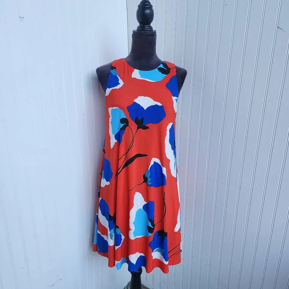 ANN KLEIN SWING DRESS FULLY LINED RED Blue POPPY FLORAL Stretch Sleveless Sz 4 - Picture 1 of 12